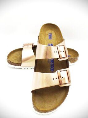 BIRKENSTOCK Arizona Birko-Flor Slide Sandal in Gold Synthetic Leather Sz 40/9.5